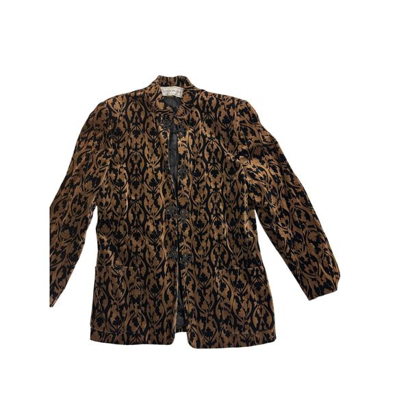 Vintage Velvet Damask Jacket 90s USA Made Brown Black Flocked Frog Closure SZ 14 - Picture 2 of 9